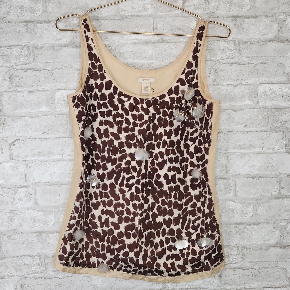 J.Crew Tank Top Giraffe Print 100% Silk 3D‎ Floral Embellished Shell Size 0